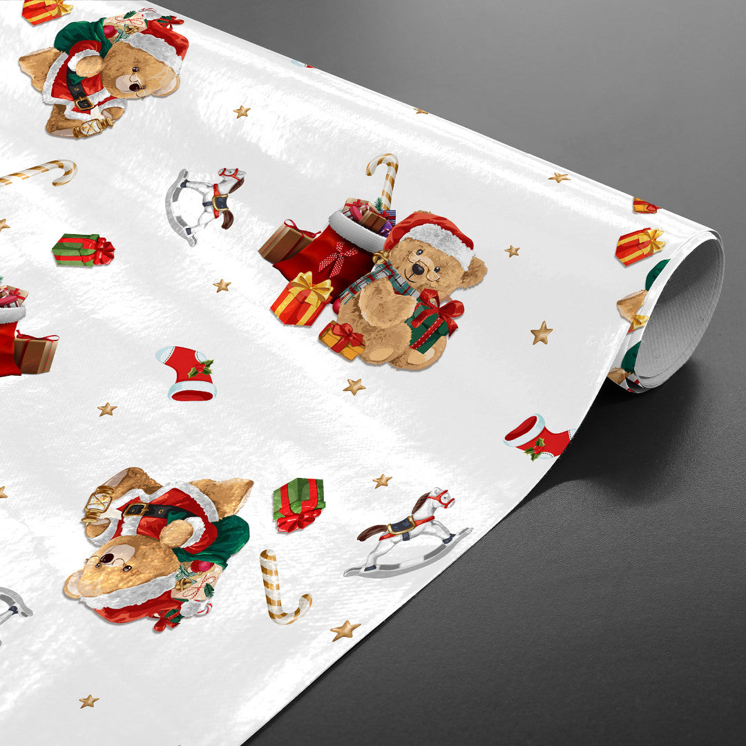 Aufgerollte Wachstuch Tischdecke für Weihnachten mit Teddybären und Geschenken
