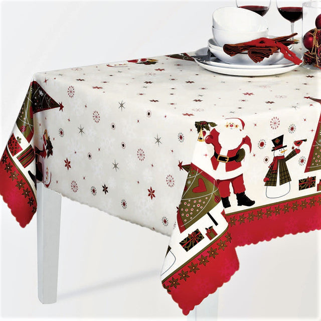 Wachstuch Tischdecke für Weihnachten mit Weihnachtsmännern, Schneemännern und Weihnachtsbäumen