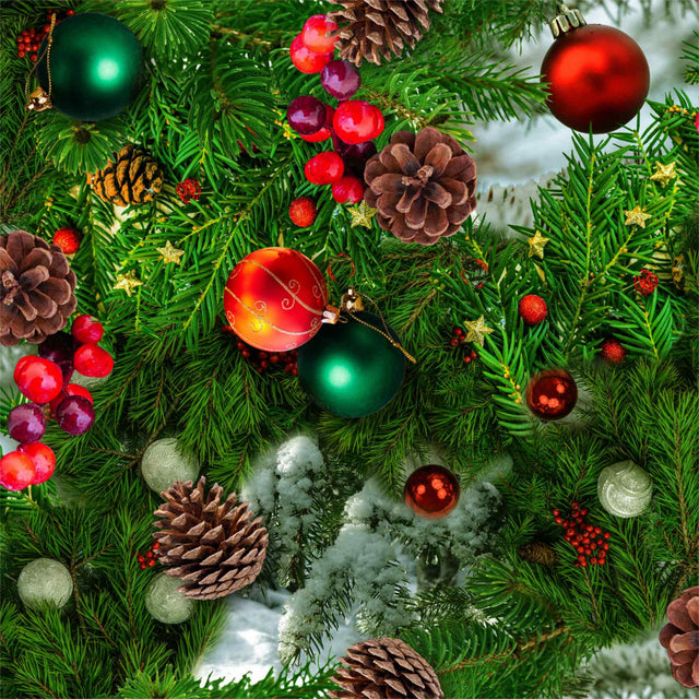 Schöne Wachstuch Tischdecke für Weihnachten mit farbenfrohem Weihnachtsschmuck