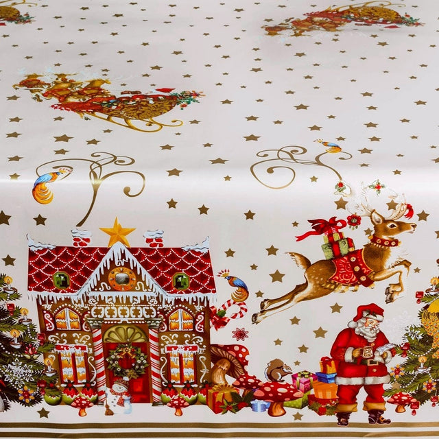 Wachstuch Tischdecke Weihnachten – Weihnachten im Lebkuchenhaus, weiß, 140 cm breit