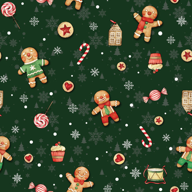 Wachstuch Tischdecke für Weihnachten – Weihnachtsleckereien, Lebkuchenmännchen und -frauen – Grün