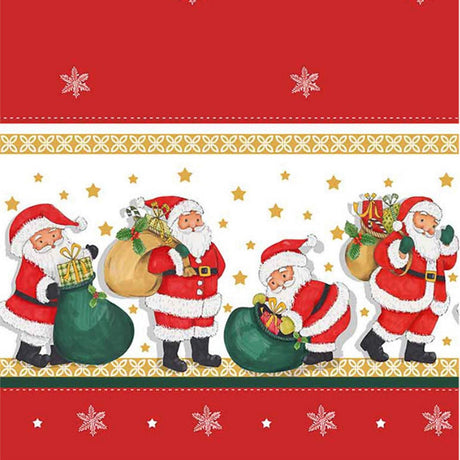 Weihnachtsmann mit Geschenken – rote Wachstuch Tischdecke für Weihnachten mit Weihnachtsmännern