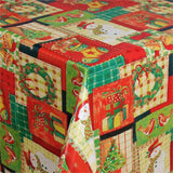 Weihnachtliche Wachstuch Tischdecke mit Patchwork aus buntem Weihnachtsschmuck, Eckansicht