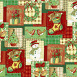 Weihnachtliche Wachstuch Tischdecke mit Patchwork aus buntem Weihnachtsschmuck, Nahaufnahme