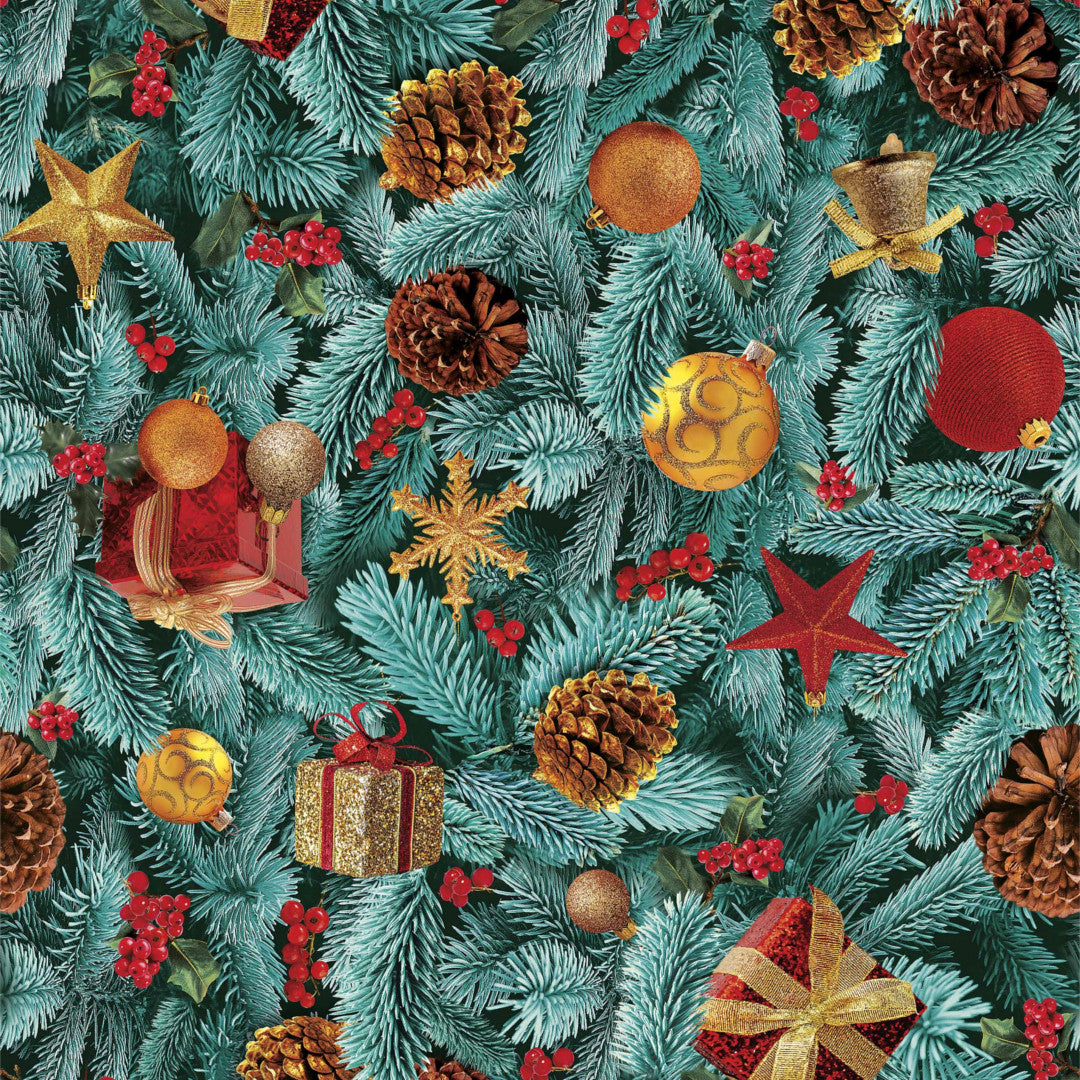 Geschmückte Tanne - Wachstuch Tischdecke für Weihnachten mit Tannengrün und Christbaumschmuck