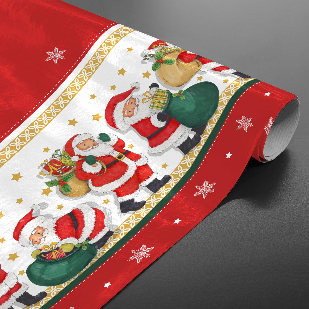 Weihnachtsmann mit Geschenken – rote Wachstuch Tischdecke für Weihnachten mit Weihnachtsmännern