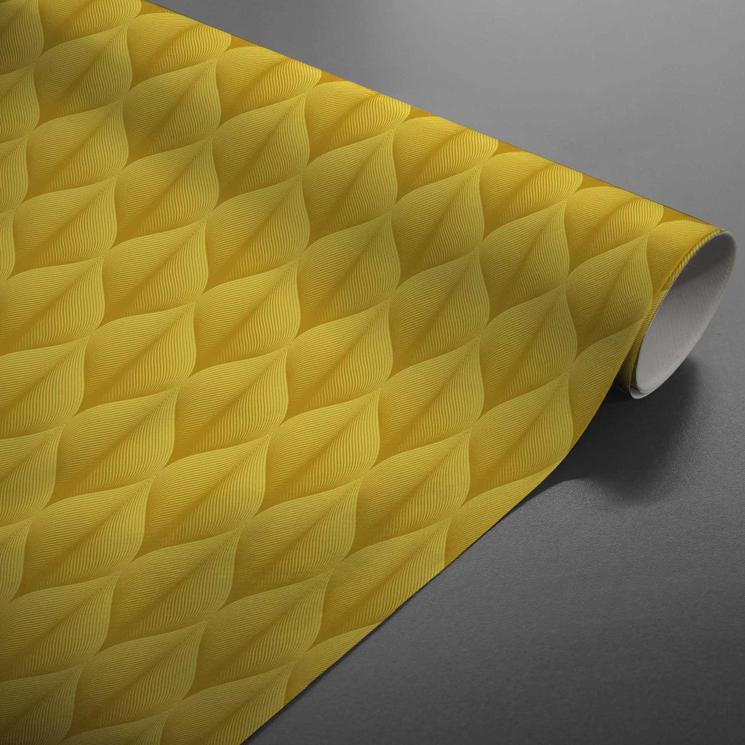 Kalini Luxury Gelb – Wachstuch Tischdecke mit grafischem Muster in schöner 3D-Optik, gerollt