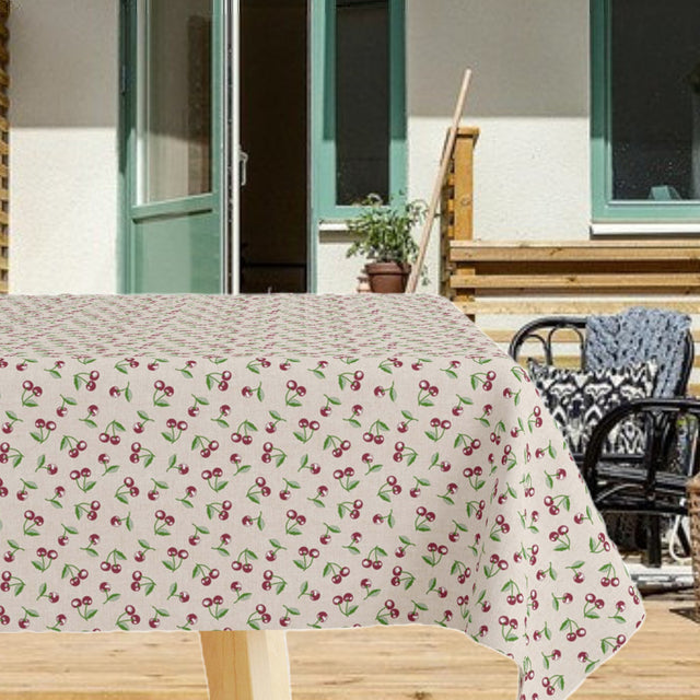 Kirsebærhøst – Schöne abwaschbare Tischdecke mit Kirschen in Leinenoptik
