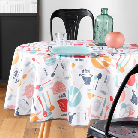 Kitchen Multico – Runde Wachstuch-Tischdecke mit Küchenutensilien, Ø 155 cm