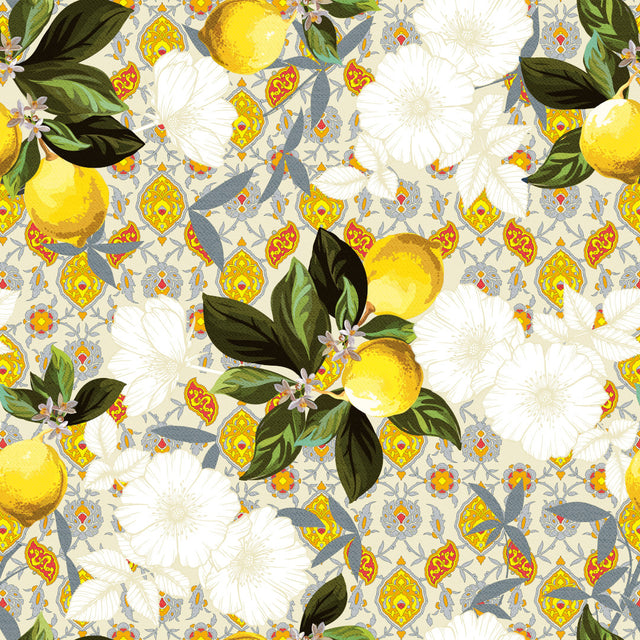 Lemon Siena – Wachstuch Tischdecke mit Zitronen und italienischem Muster