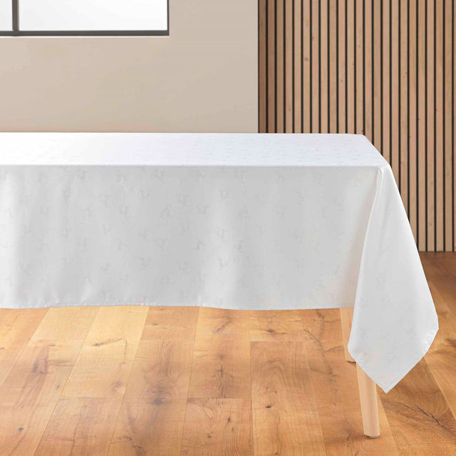 Les Rennes Metallic Weiß 140 x 250 cm, rechteckige Weihnachtstischdecke auf dem Tisch