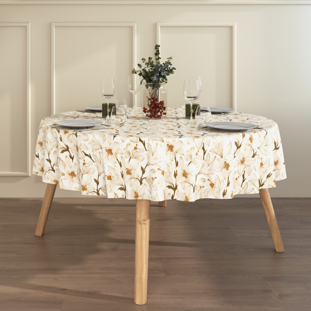 Liljeflor Weiß/Beige – abwaschbare Tischdecke mit Blumen und rutschfester Unterseite