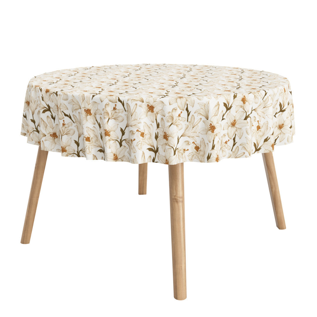 Liljeflor Weiß/Beige – runde abwaschbare Tischdecke mit rutschfester Unterseite und Blumen