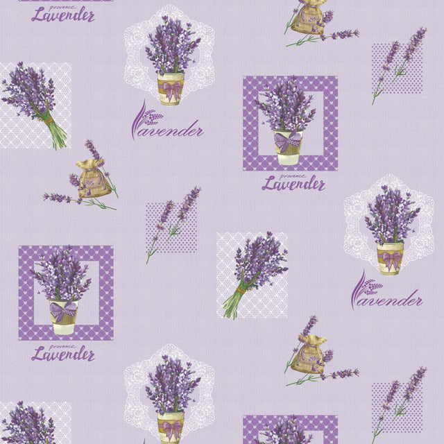 Blühender Lavendel – lila Wachstuch Tischdecke mit Lavendel als Strauß und im Topf