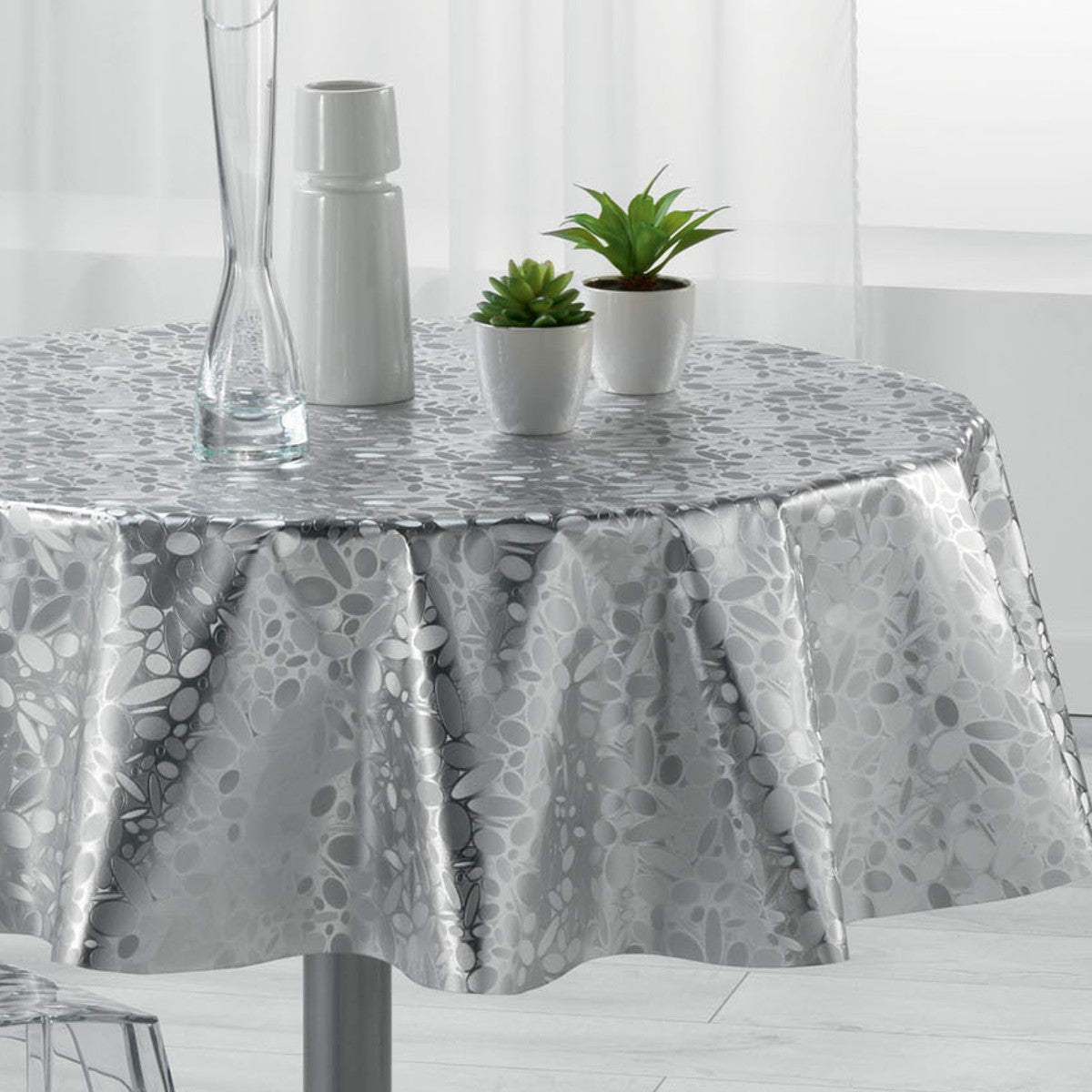 Metallise Luny grau – Runde Wachstuch-Tischdecke, Ø 155 cm
