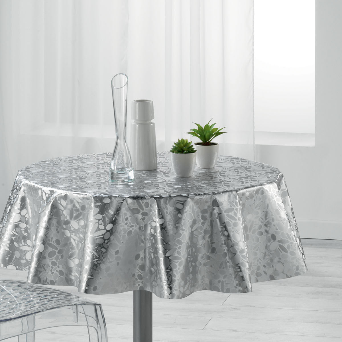 Metallise Luny grau – Runde Wachstuch-Tischdecke, Ø 155 cm