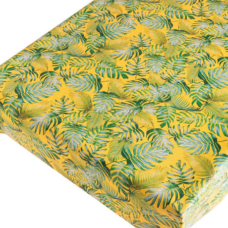 Madeira Yellow - Wachstuch Tischdecke mit Struktur und Palmblättern auf sonnengelbem Grund
