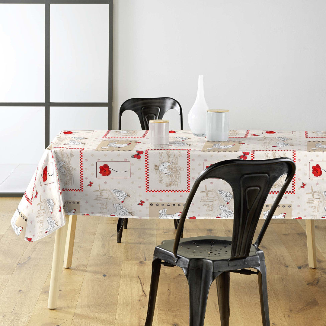 Margotte - Charmante Wachstuch Tischdecke mit Hühnern und ländlichem Motiv, Ambienteaufnahme