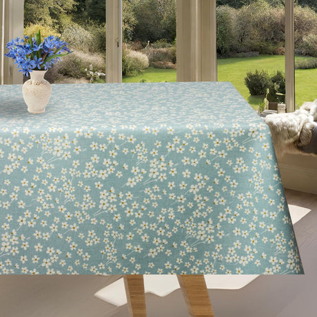 Marguerit Flor Himmelblau - Abwaschbare Tischdecke mit Margeriten und rutschfester Unterseite