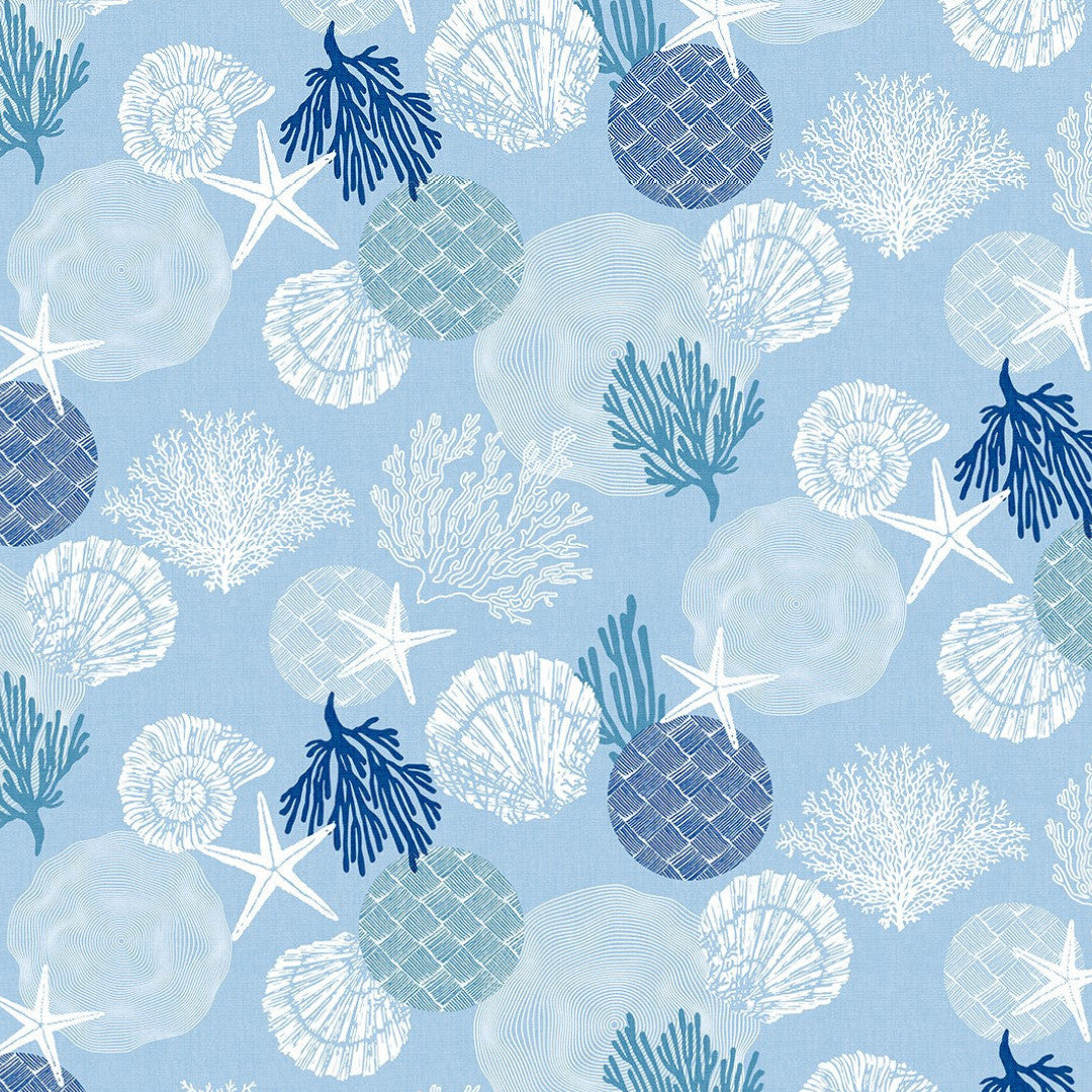 Maritim Blau – Wachstuch Tischdecke mit Muschel- und Korallenmuster
