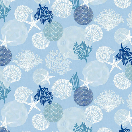 Maritim Blau – Wachstuch Tischdecke mit Muschel- und Korallenmuster