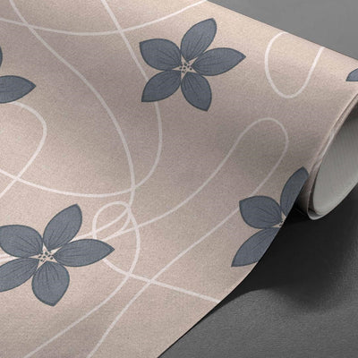 Aufgerollte Matcha Wachstuch Tischdecke mit Blumen, abstrakten Linien und dezentem Glitzer