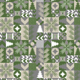 Gesamtes Muster der Merry Present Green Wachstuch Tischdecke für Weihnachten mit Tannenzweigen, Zapfen und geometrischen Formen