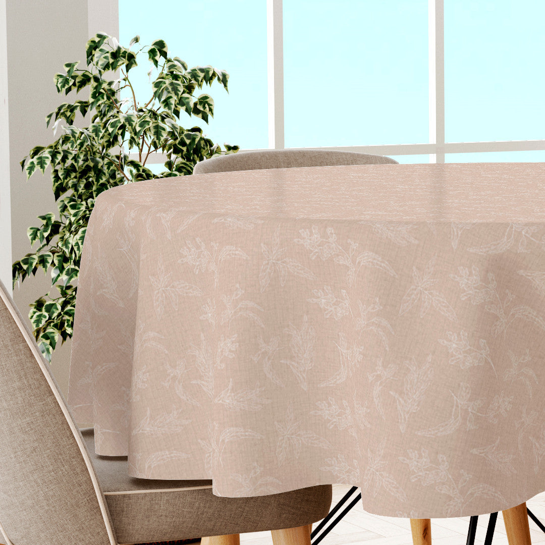 Mesina Beige – Runde Wachstuch-Tischdecke in Leinenoptik mit weißen Blattzeichnungen