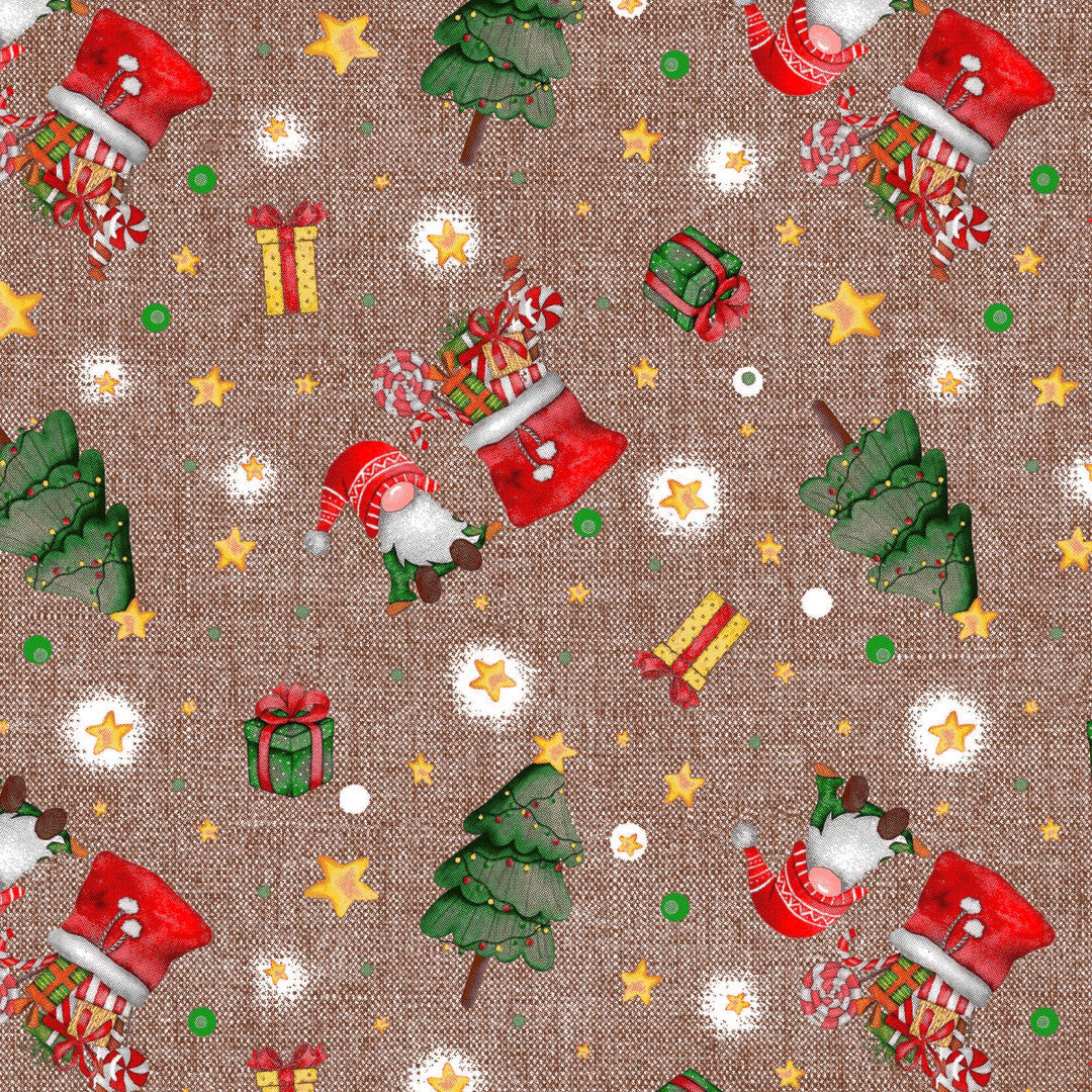 Musterbild von Regalos – abwaschbare Weihnachtstischdecke mit Geschenken, Wichteln und Weihnachtsbäumen