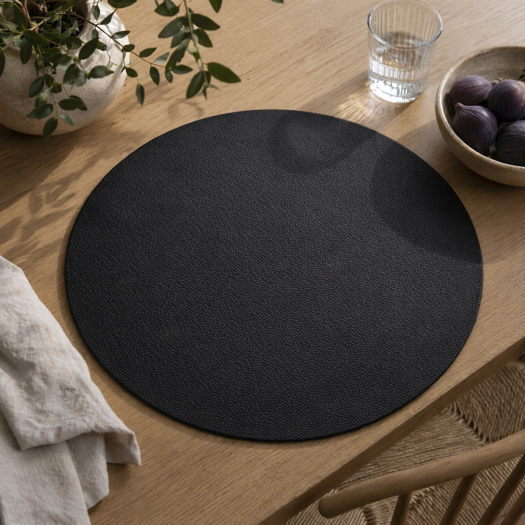 Moon rundes Tischset aus Kunstleder – Schwarz/Hellgrau – Ø38 cm, Milieu