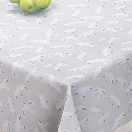 Moulette Natur - Abwaschbare Tischdecke mit Vögeln auf schönem naturfarbenem Hintergrund - 155 cm breit