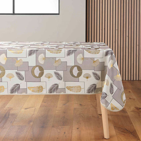 Natane Natural rechteckige Tischdecke mit goldenem und grauem Blattmuster