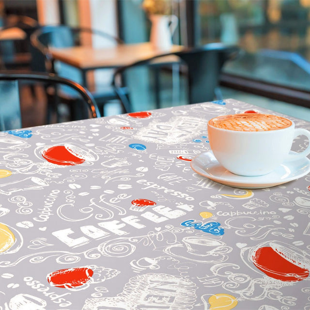 New Day Grau - Wachstuch Tischdecke mit Kaffee, Cappuccino und einem kleinen, starken Espresso