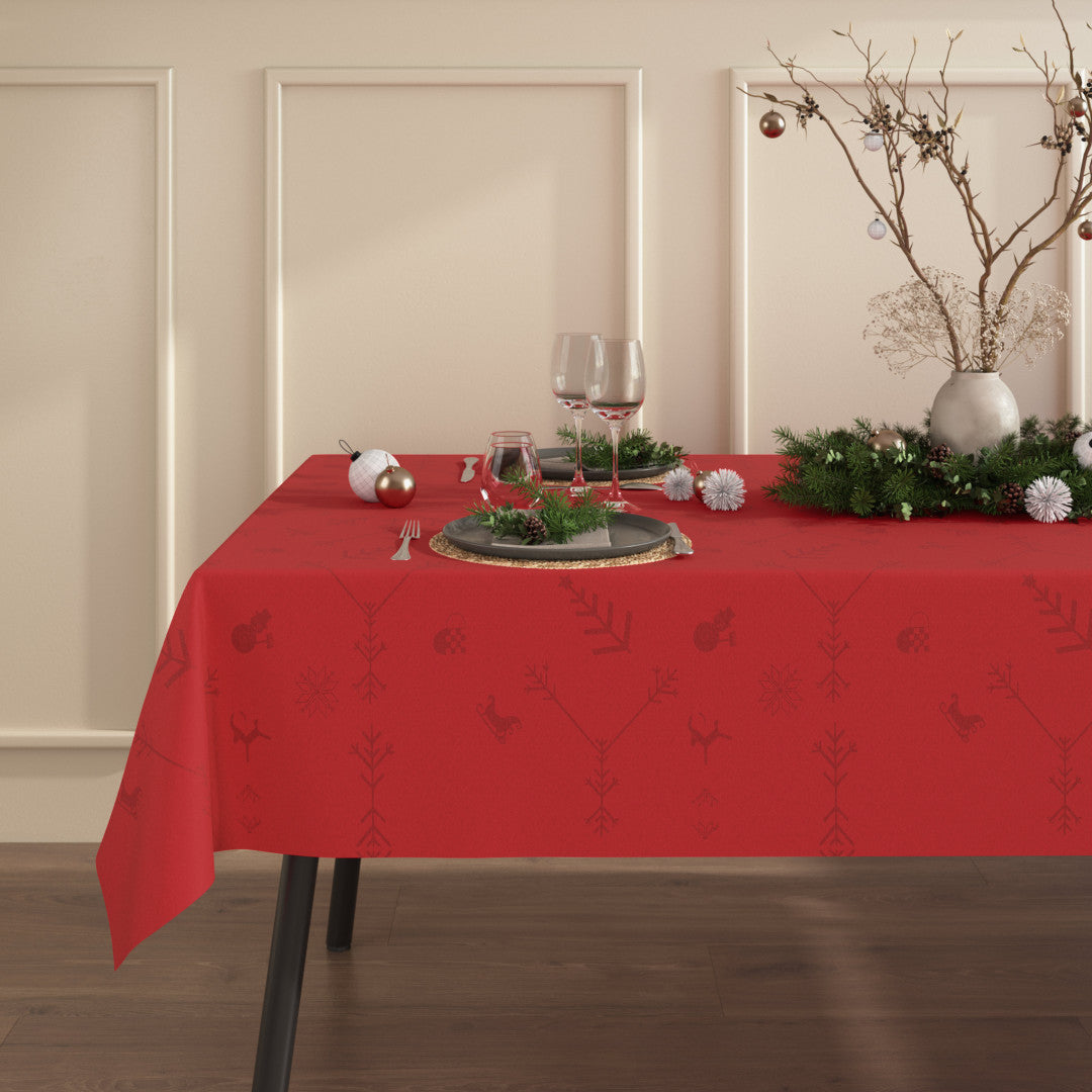 Noel Engholm Weihnachtstischdecke – jacquardgewebte abwaschbare Tischdecke in Rot, Ambienteaufnahme