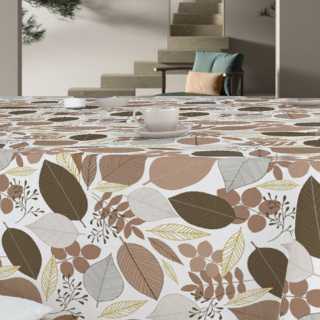Nordisk Skov - Wachstuch Tischdecke mit Blattmotiv in Beige- und Goldnuancen, Tisch