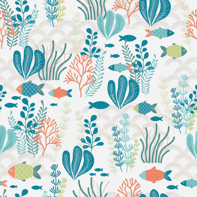 Oceania White - Wachstuch Tischdecke mit Fischen und Meerespflanzen