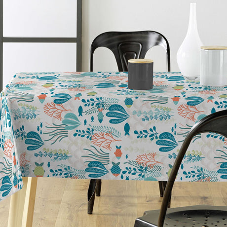 Oceania White - Wachstuch Tischdecke mit Fischen und Meerespflanzen
