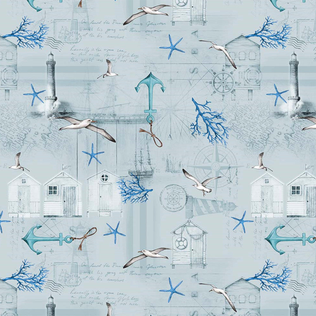 Under Himlen - Over havet - Hellgrau-blaue Wachstuch Tischdecke mit maritimen Motiven
