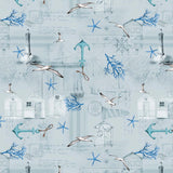 Under Himlen - Over havet - Hellgrau-blaue Wachstuch Tischdecke mit maritimen Motiven