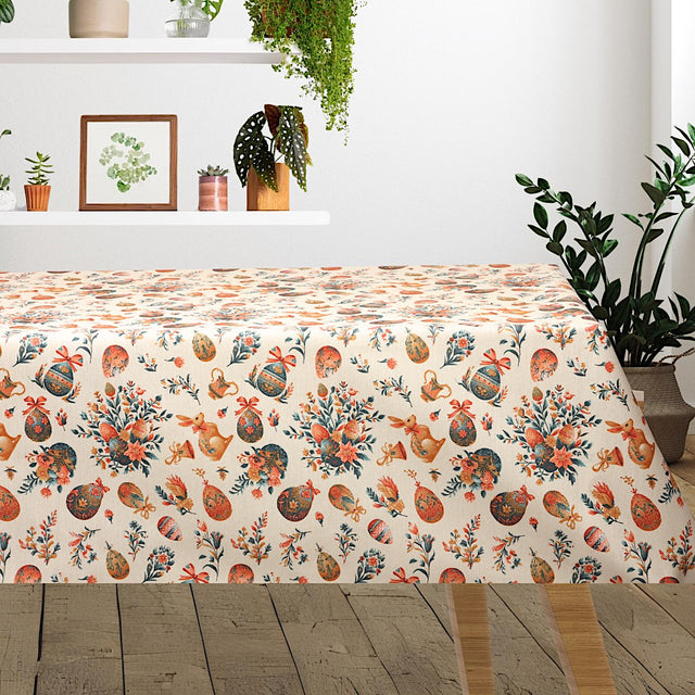 Ostern mit Fabergé-Eiern, Naturweiß – Abwaschbare Tischdecke mit Ostermotiven
