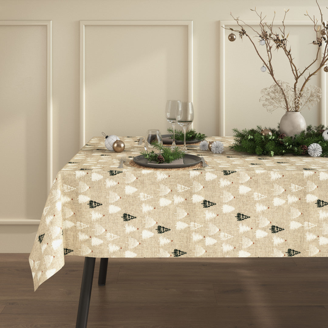 Pau Natur - Abwaschbare Weihnachtstischdecke in Leinenoptik mit Weihnachtsbäumen, Ambiente