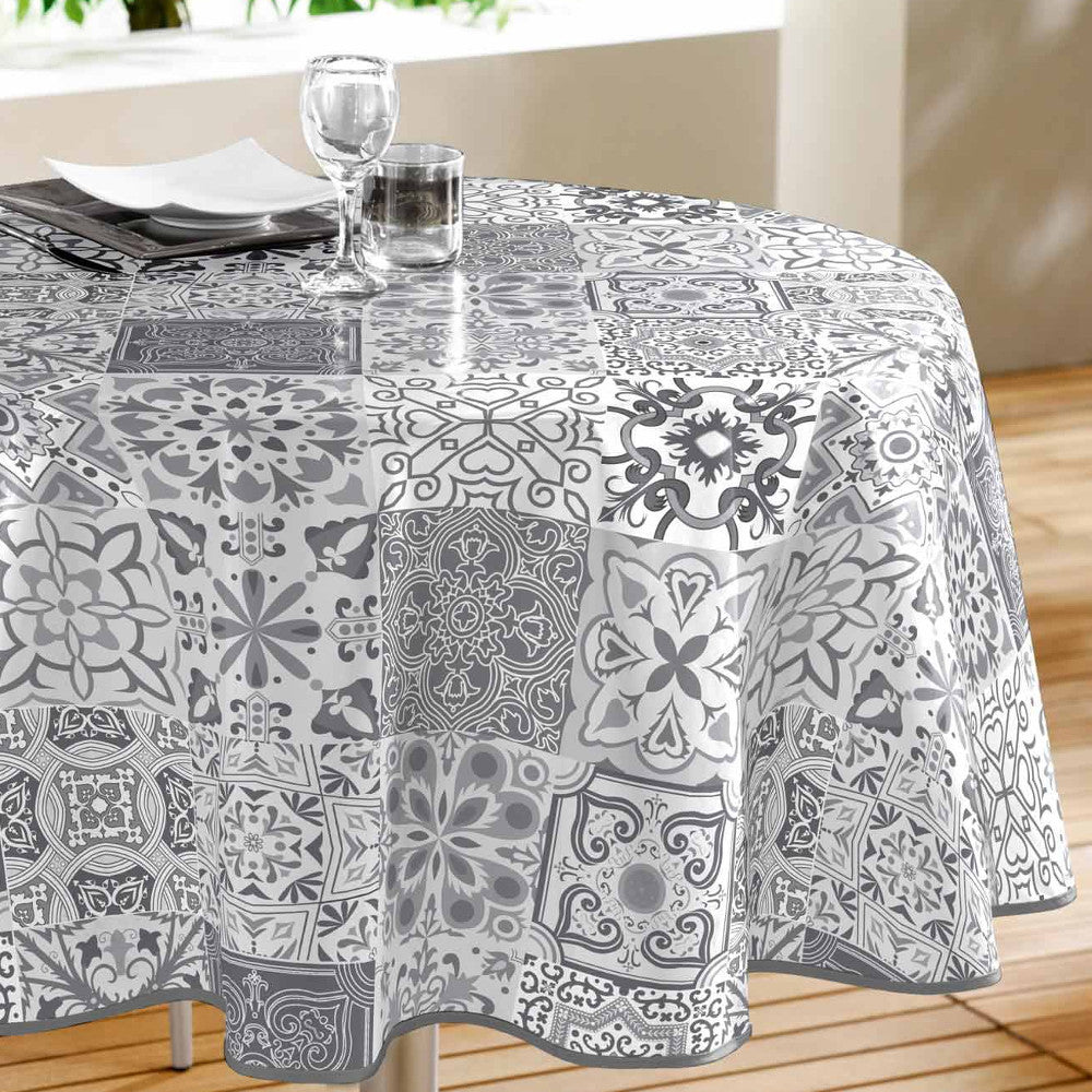 Persane Grau - runde Wachstuch-Tischdecke mit grafischem Muster, Ø 155 cm