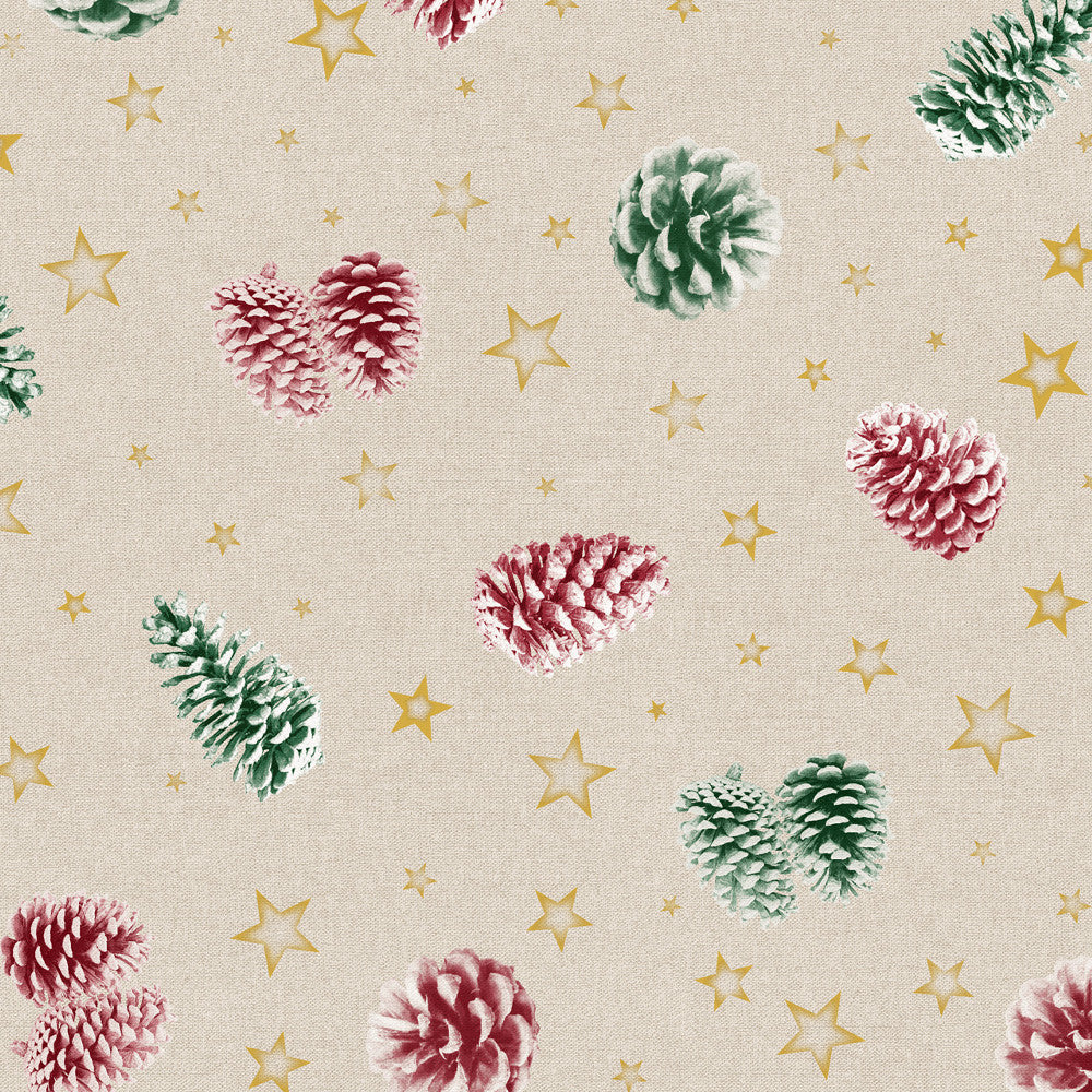 Pinas Rot/Grün – abwaschbare Weihnachtstischdecke mit Tannenzapfen auf naturfarbenem Grund