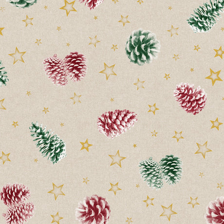 Pinas Rot/Grün – abwaschbare Weihnachtstischdecke mit Tannenzapfen auf naturfarbenem Grund