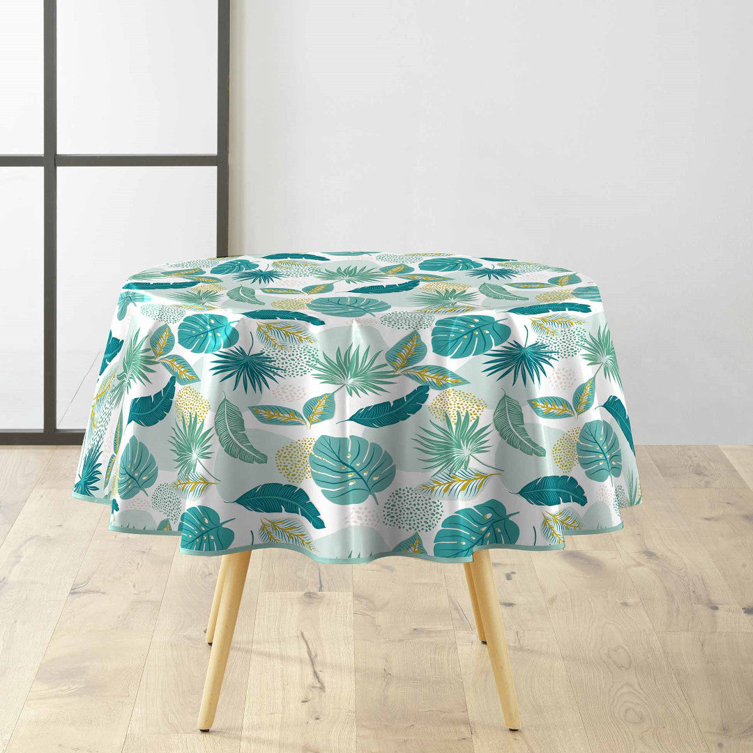Plantania Blau – runde Wachstuch-Tischdecke mit botanischem Muster Ø 155 cm, Ambiente