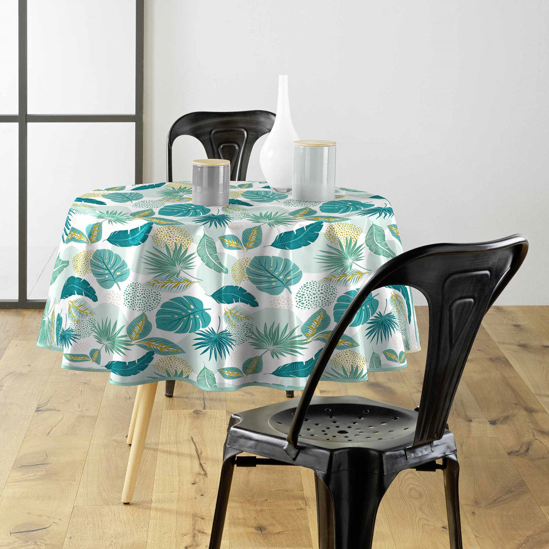 Plantania Blau – runde Wachstuch-Tischdecke mit botanischem Muster Ø 155 cm