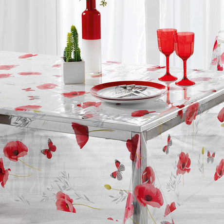 Pobbyly - Tischfolie transparent mit Mohnblumen und Schmetterlingen, Ecke
