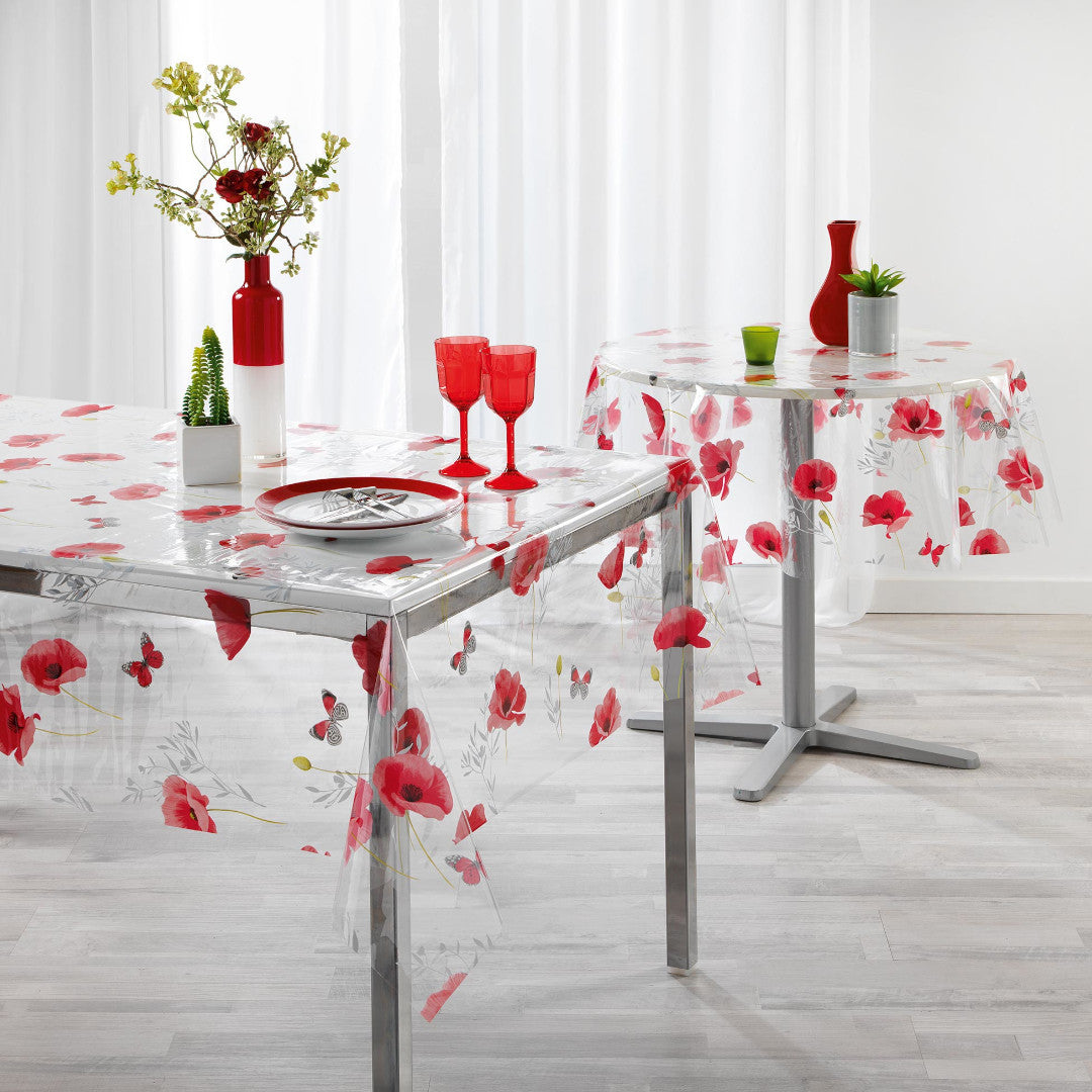 Pobbyly - Tischfolie transparent mit Mohnblumen und Schmetterlingen, Ambienteaufnahme