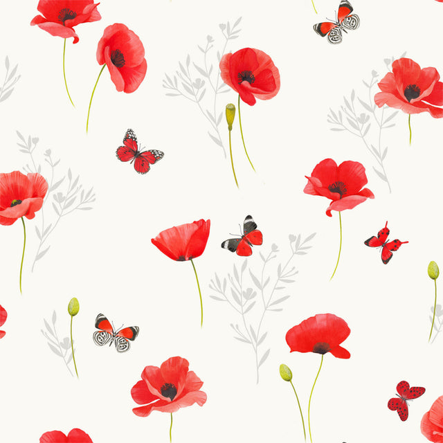 Poppyly Weiß - Wachstuch Tischdecke mit Mohnblumen und Schmetterlingen