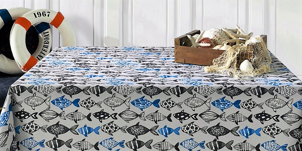 Poussin, abwaschbare Tischdecke mit Fischen, 140 cm breit